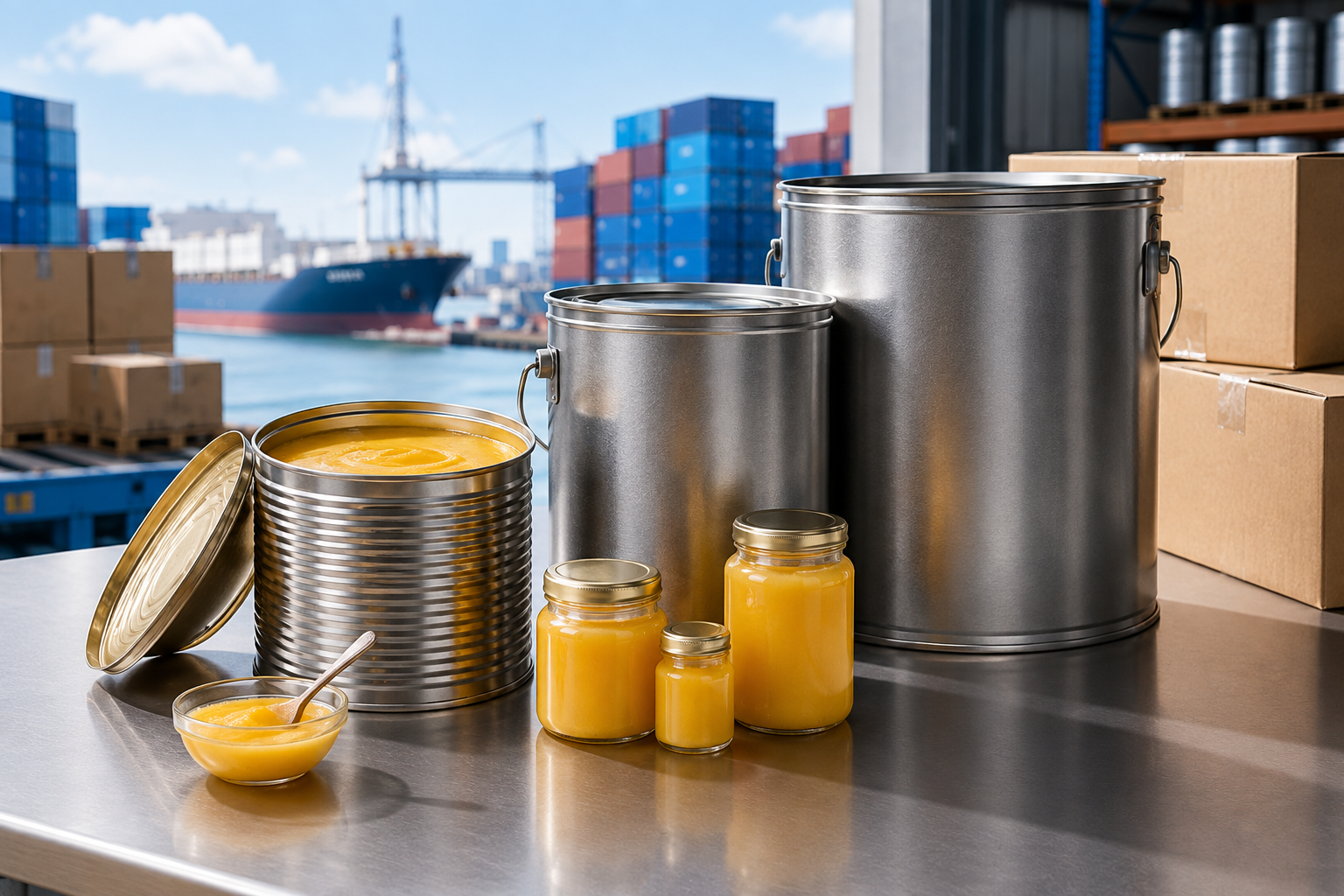 Bulk ghee tins and cartons ready for export to Germany